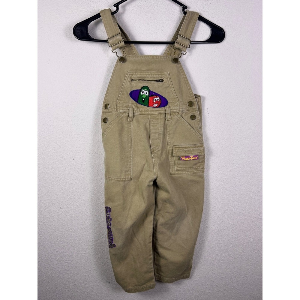 Vintage VeggieTales Tan Khaki Cotton Overalls Bob & Larry Embroidered Kids 4T
